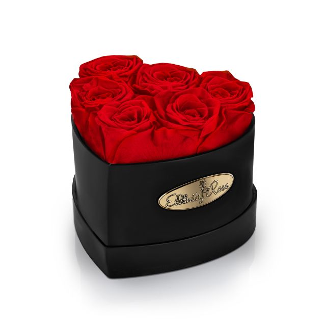 6 Preserved Red Roses Heart Display Box – Black
