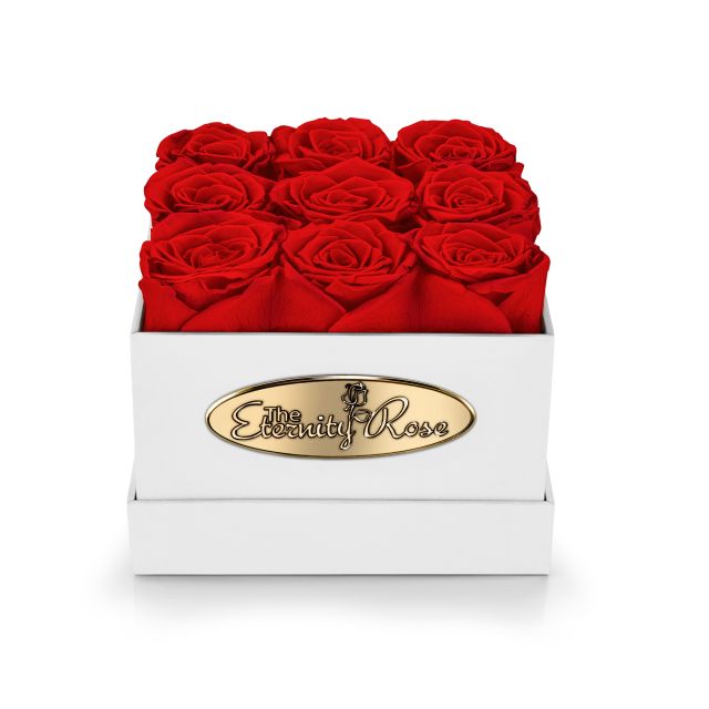 9 Preserved Red Roses Square Display Box – White