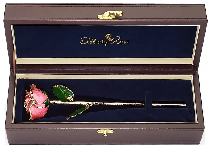 A pink glazed natural rose trimmed in 24-karat gold in its open presentation case