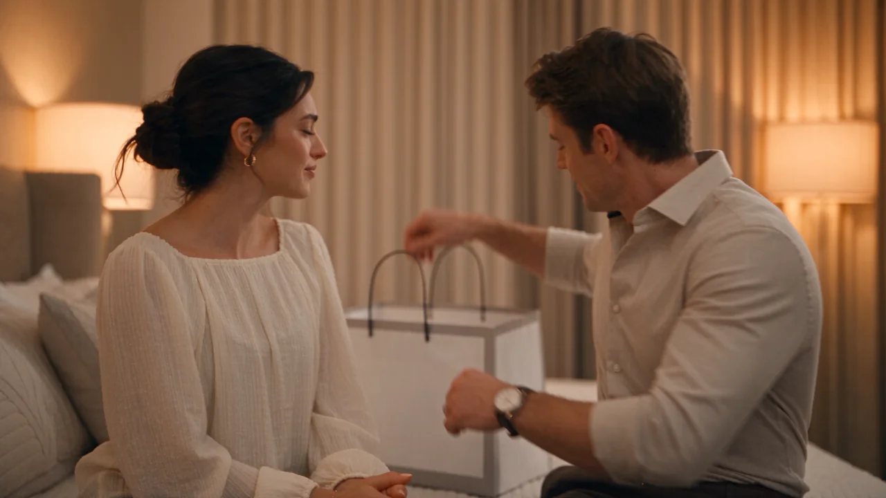 A couple at the moment of a marriage proposal, the Eternity Rose case open between them