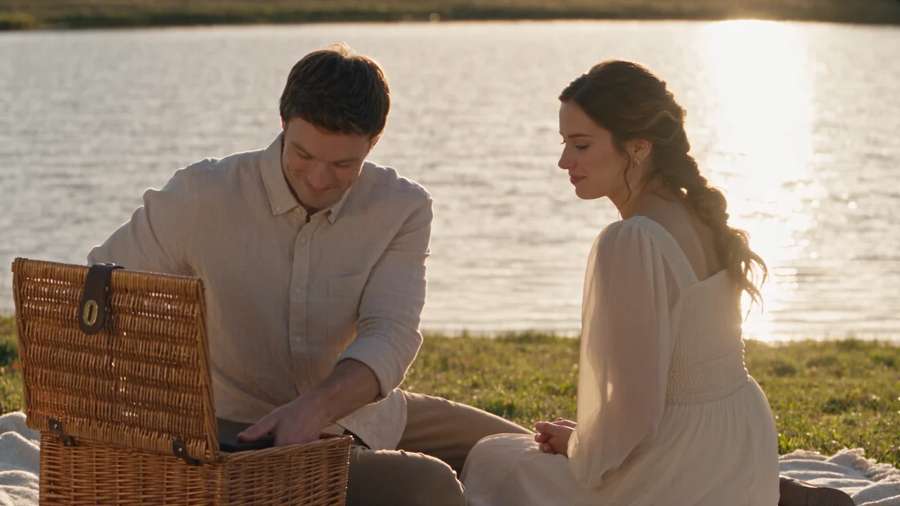 A couple beside a lake at golden hour as he reaches into a picnic hamper