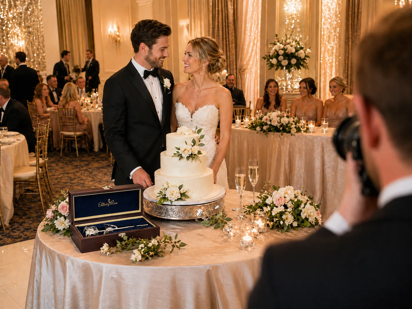 A newly married couple beside their wedding cake and an Eternity Rose presentation case