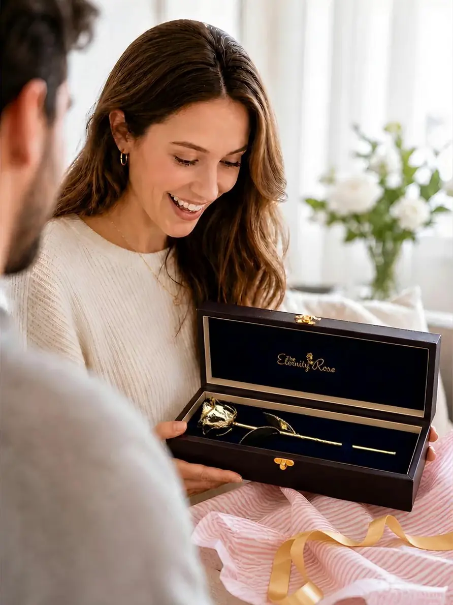 Woman receiving an Eternity Rose gift